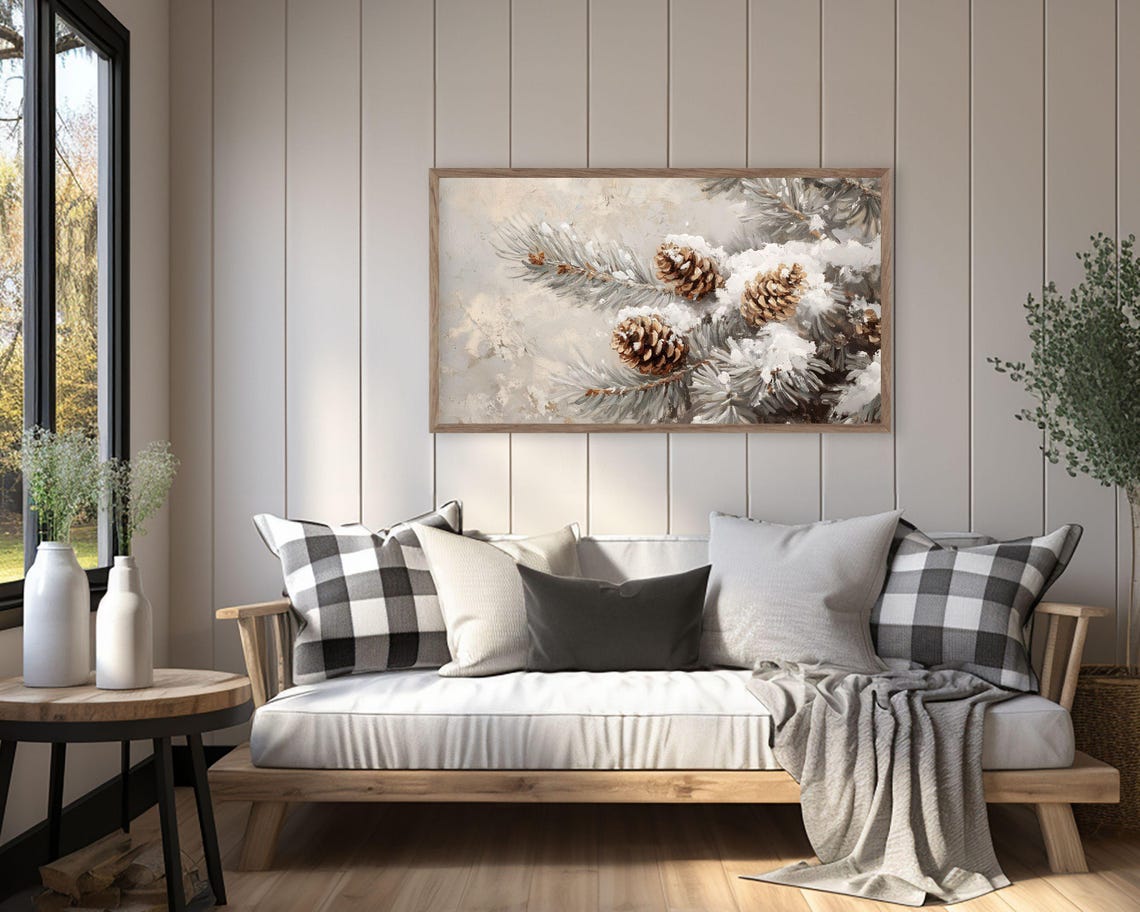 Frame Tv Art Pinecones On Tree Branch Winter Frame Tv Art Farmhouse Christmas Painting Tv Art Neutral Organic Brown Green Tv546 - Image 2