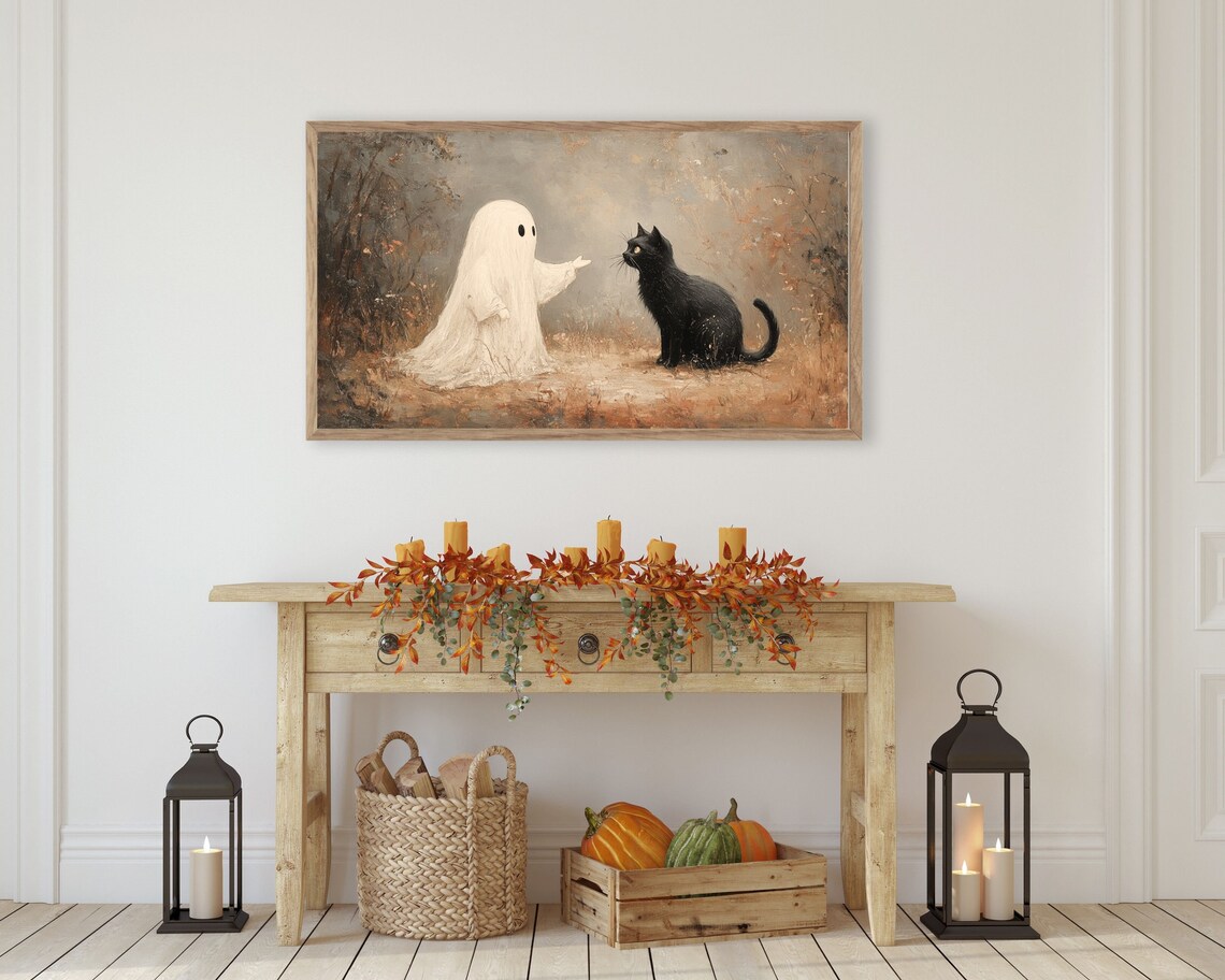 Halloween Ghost and Black Cat Vintage Style Poster - Image 3