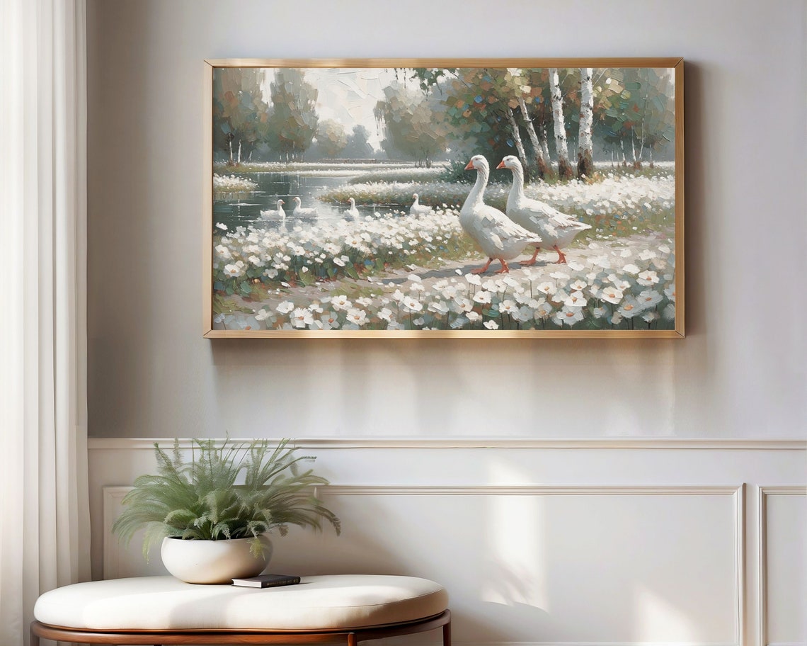 White Geese Among Daisies By Pond Impressionist Country Scene Poster - Image 2