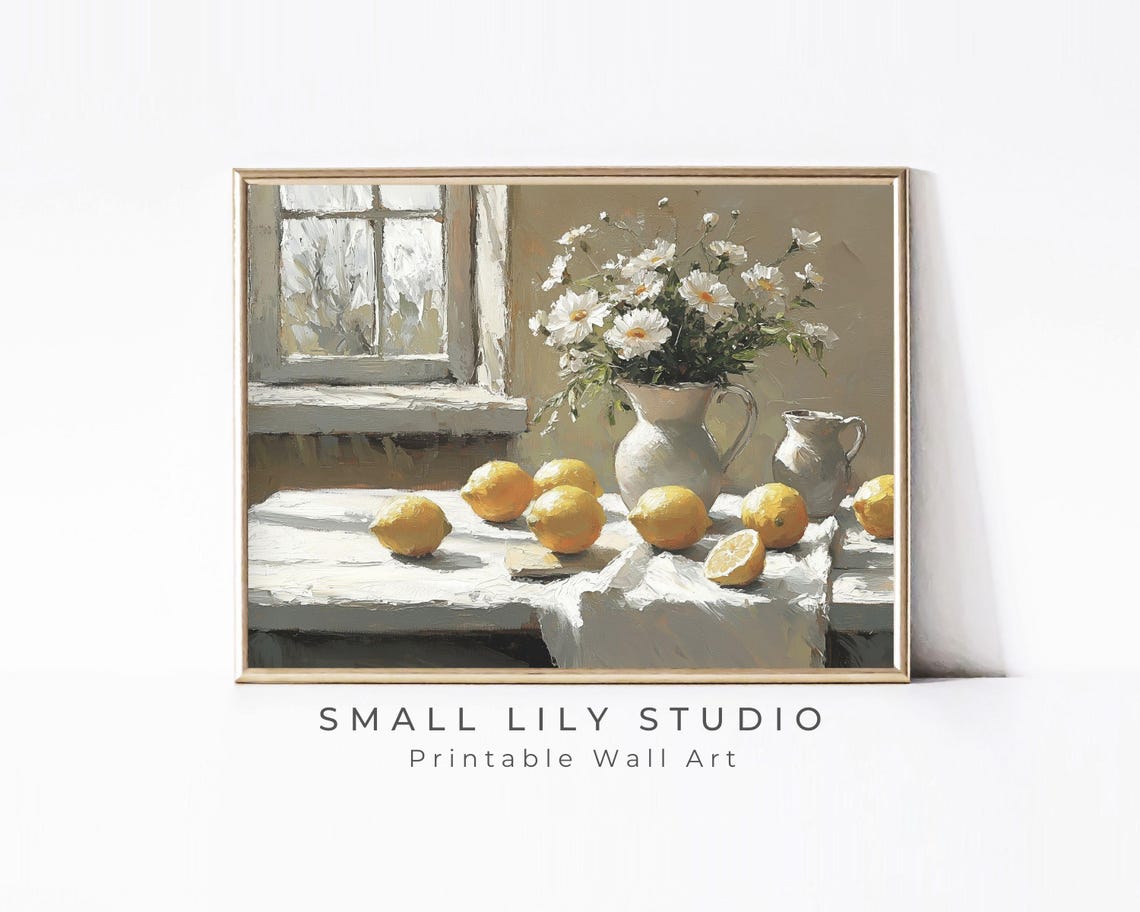 Lemons and Daisies Window Still Life Yellow Vintage Kitchen Poster