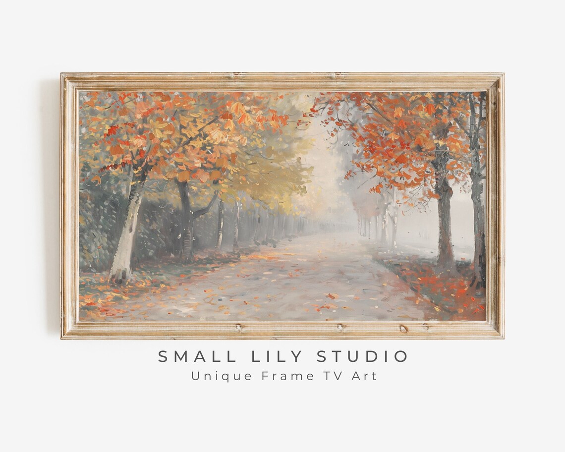 Misty Autumn Road Maple Trees Red Fall Foliage Vintage Painting Poster