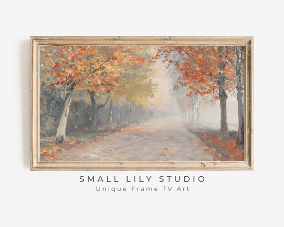 Misty Autumn Road Maple Trees Red Fall Foliage Vintage Painting Poster