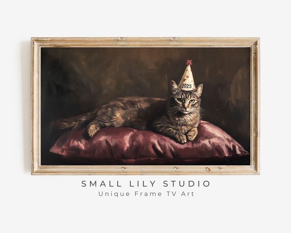 Frame Tv Art Happy New Years 2025 For Cat Lover Moody Rustic Vintage Style Painting Nye At Home Cute New Years Tv Screensaver Tv566