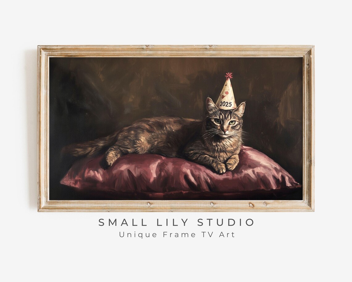 Cat in 2025 Party Hat Sitting on Velvet Cushion Moody Vintage Painting Poster