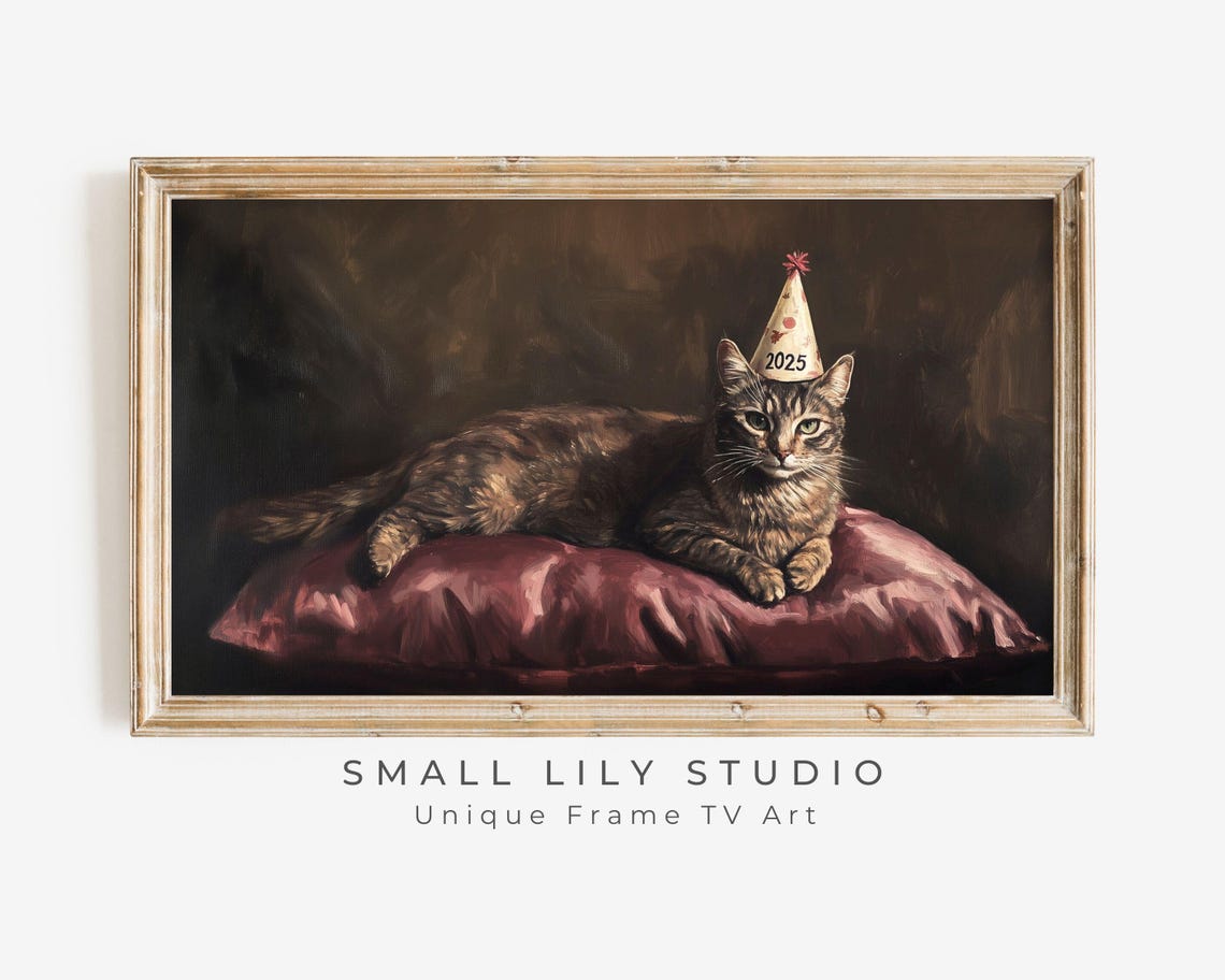 Frame Tv Art Happy New Years 2025 For Cat Lover Moody Rustic Vintage Style Painting Nye At Home Cute New Years Tv Screensaver Tv566