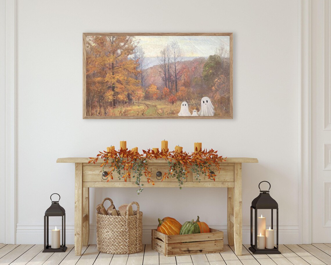 Ghost Family in Vintage Landscape, Halloween Art Print - Image 3