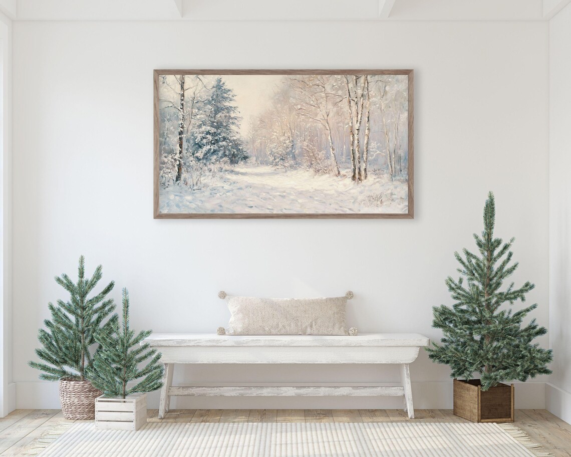 Frame Tv Art Winter Landscape Pink Frame Tv Art Christmas Painting Vintage Style Holidays Tv Screensaver Snow Forest Tv503 - Image 2
