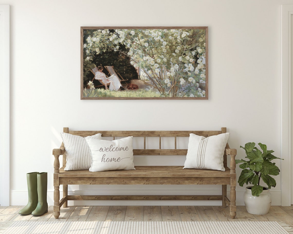 Spring Frame Tv Art Woman Reading In Rose Garden Frame Tv Art Bookish Lady And Dog Vintage Painting Country Farmhouse Art Tv228 - Image 2