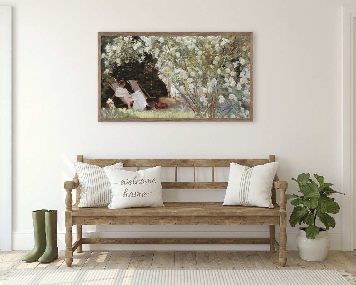 Woman Reading In Rose Garden Vintage Spring Floral Oil Painting Style Poster - Image 2