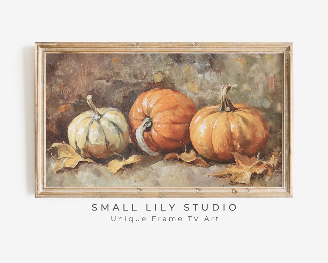 Rustic Pumpkins With Autumn Leaves Fall Harvest Oil Painting Poster