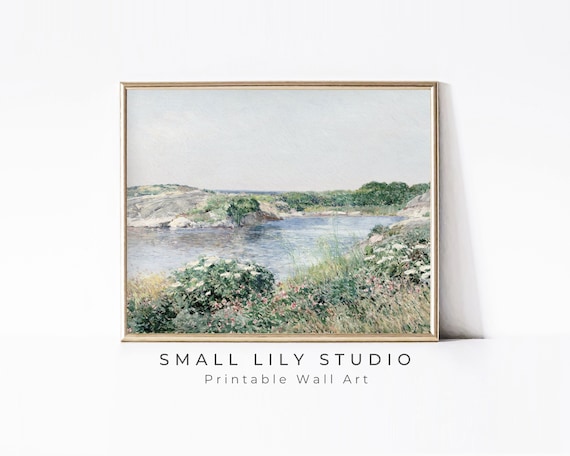 Wildflowers By Rocky Coastal Inlet Blue Water Vintage Landscape Painting Poster