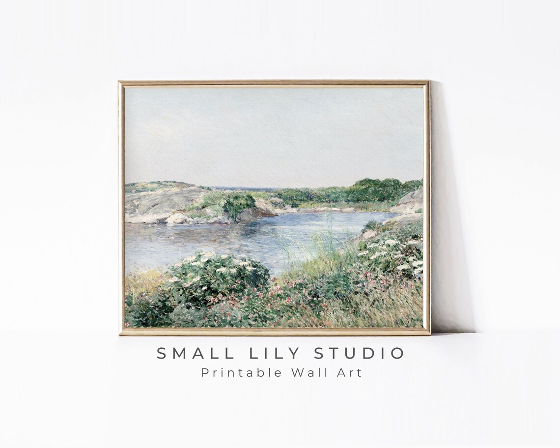 Wildflowers By Rocky Coastal Inlet Blue Water Vintage Landscape Painting Poster