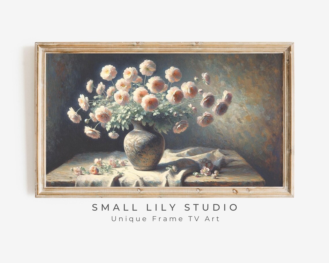 Pink Flowers Still Life, Moody Floral Art Print