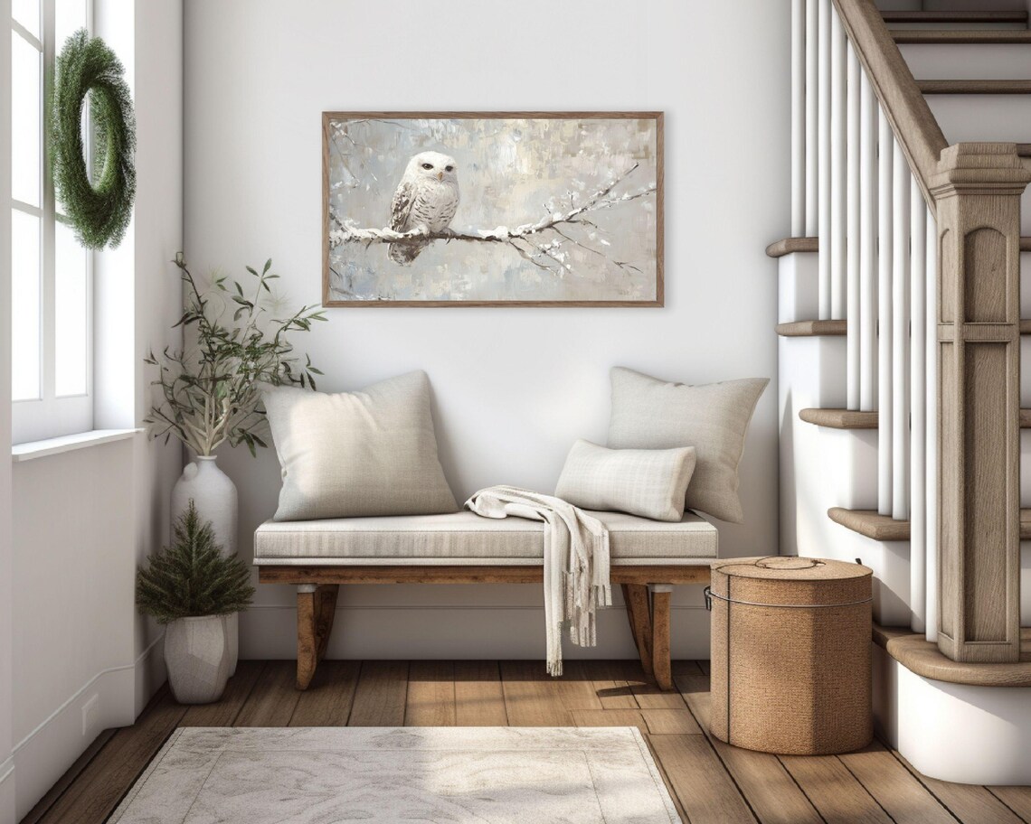 White Snowy Owl on Frosty Branch in Winter Neutral Vintage Style Poster - Image 3
