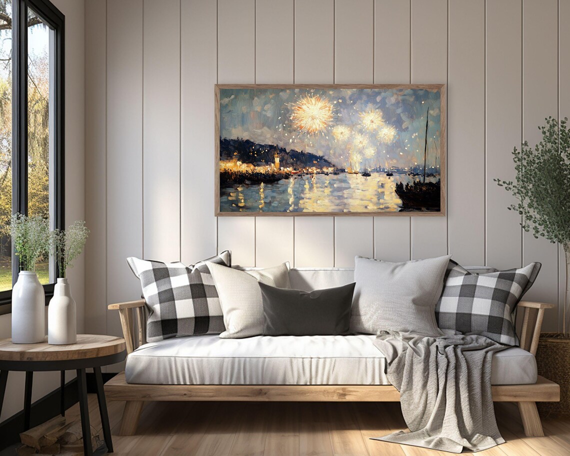 New Years Eve Fireworks Over Crowded Harbor Night Scene Painting Poster - Image 2