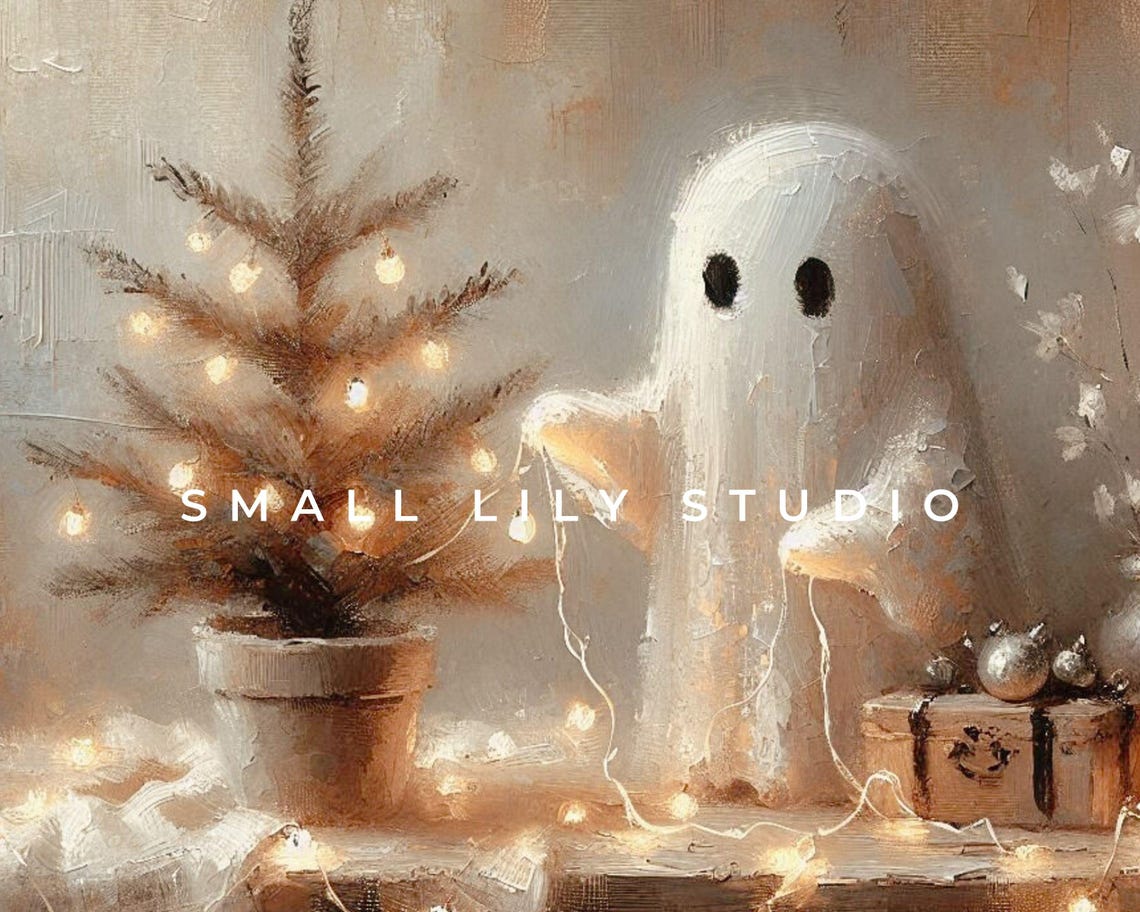Christmas Ghost Print Vintage Style Cute Ghost Painting Wall Art Neutral Xmas Halloween Ghost Artwork 8x10 P089 - Image 4