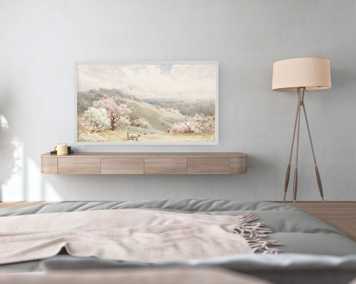 Spring Countryside Lambs Grazing Blossom Trees Pastel Watercolor Poster - Image 2
