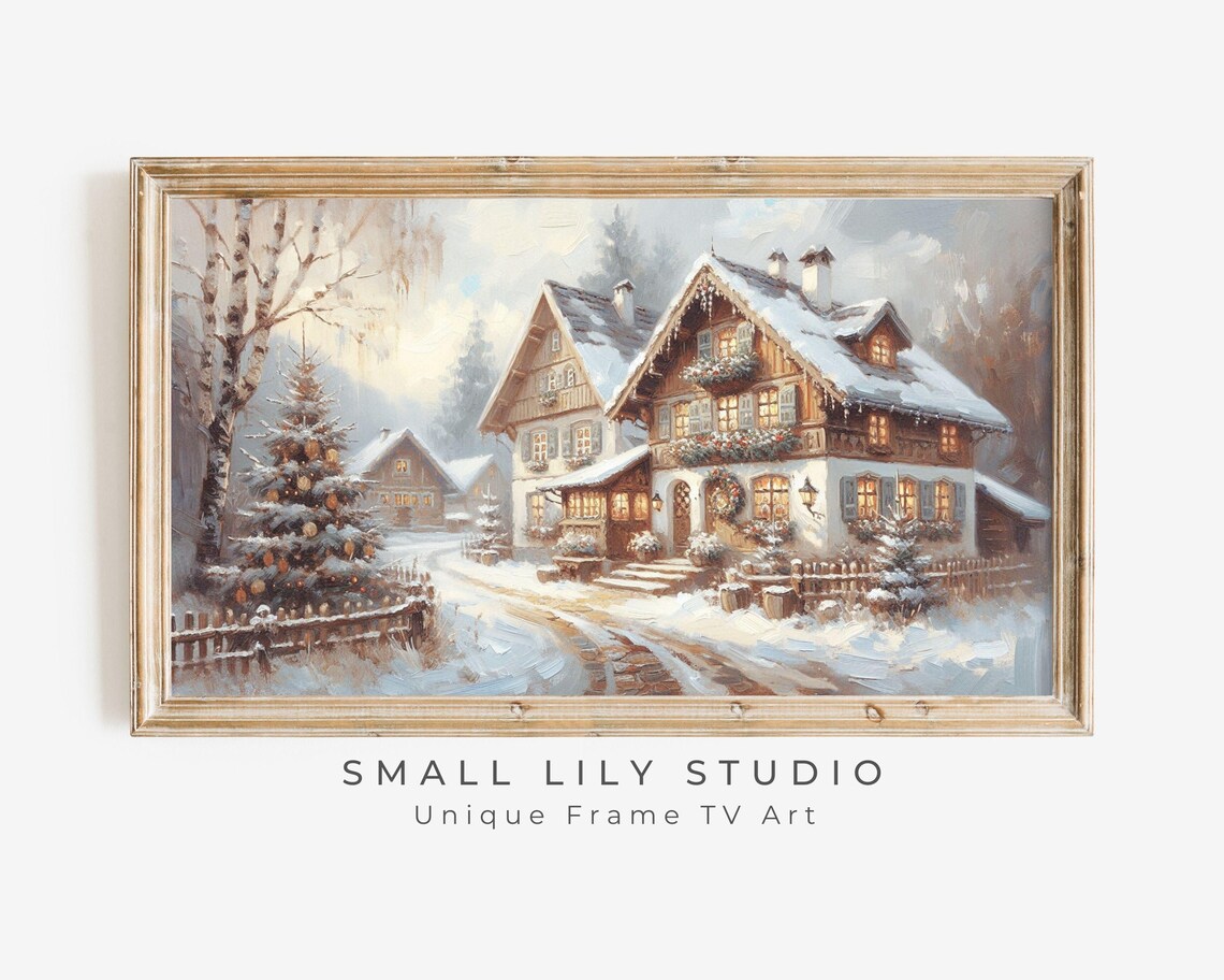 Bavarian Christmas Houses, Cute Retro Winter Art Print