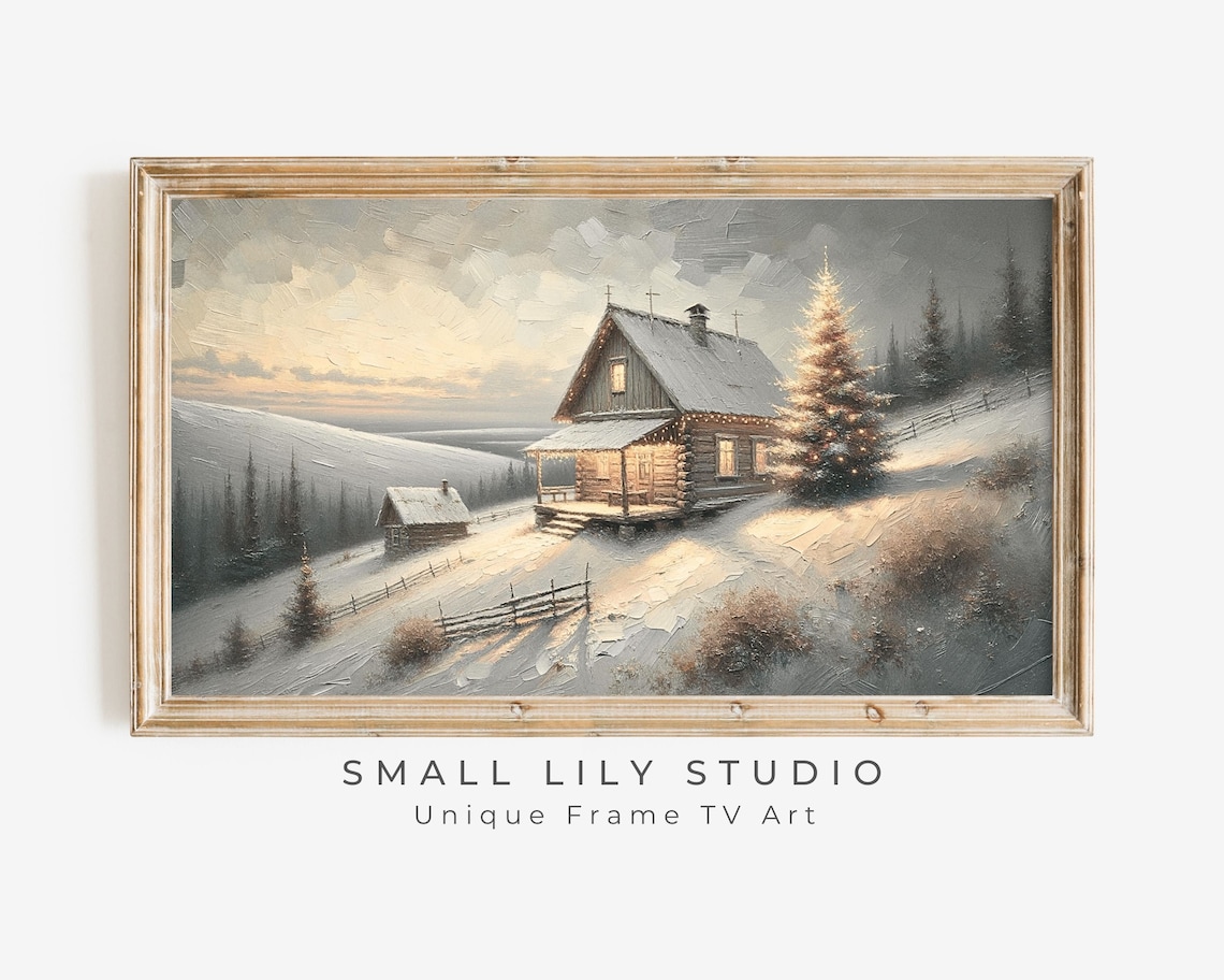 Rustic Christmas Cabin Snow Dusk Warm Lights Vintage Painting Poster