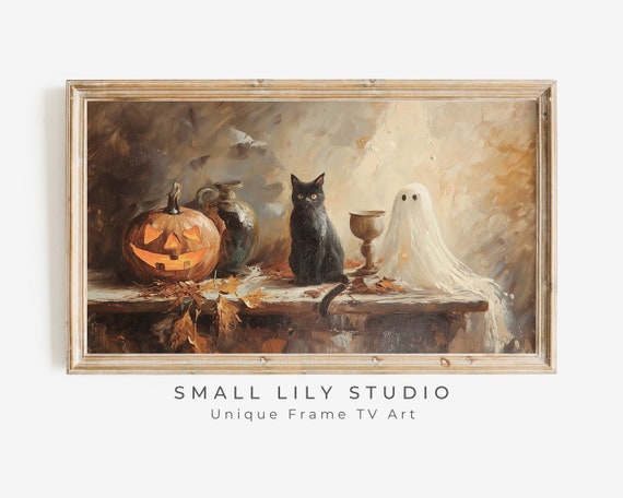Halloween Ghost, Black Cat and Pumpkin Vintage Art Print