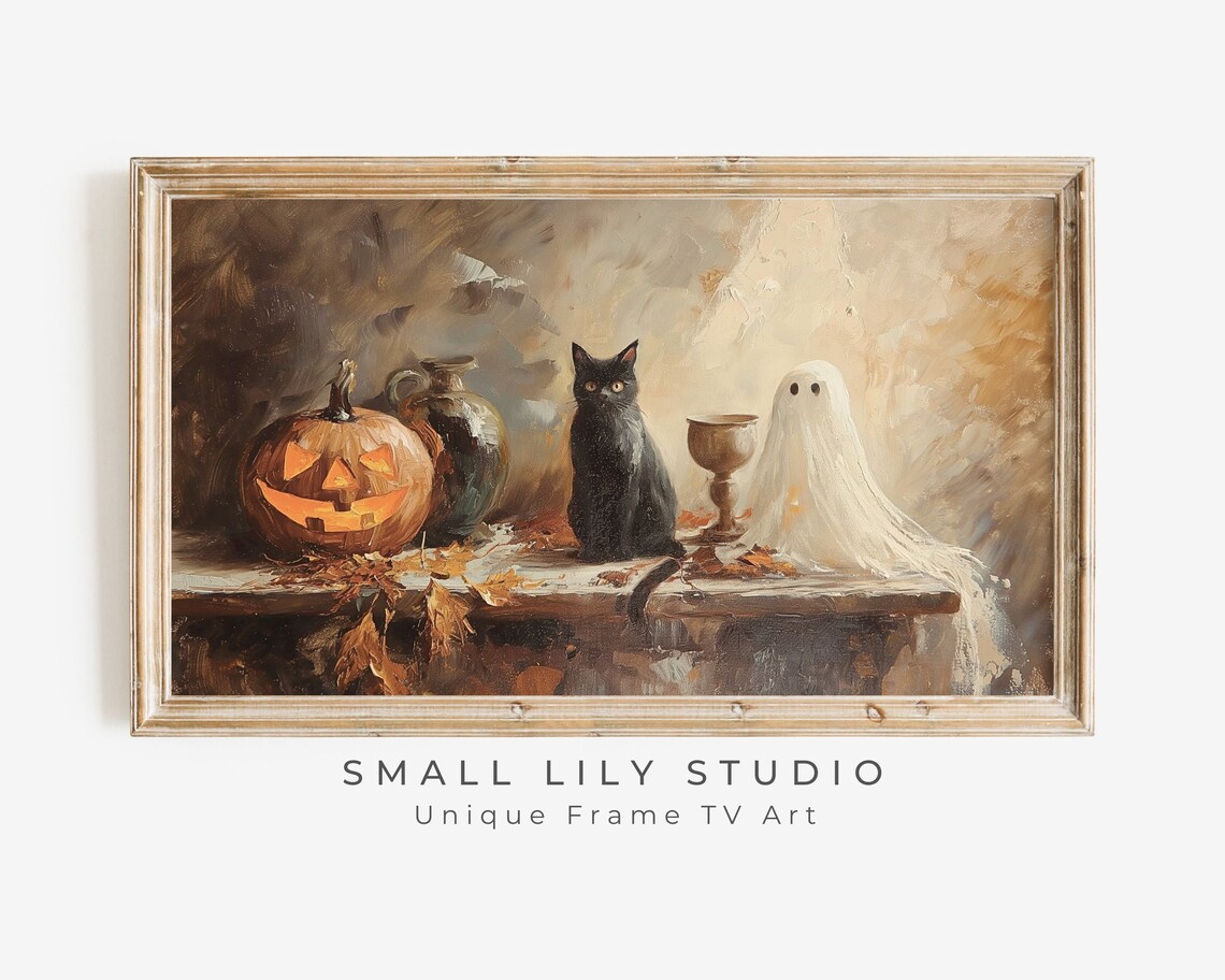 Halloween Ghost, Black Cat and Pumpkin Vintage Art Print