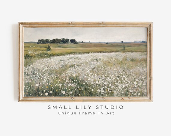 White Wildflower Field Spring Landscape, Vintage Style