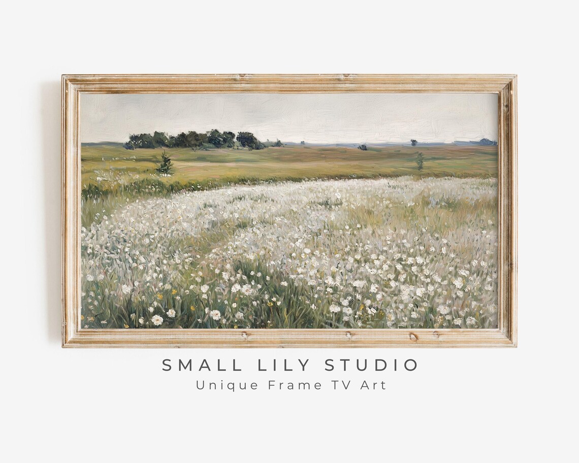 White Wildflower Field Spring Landscape, Vintage Style