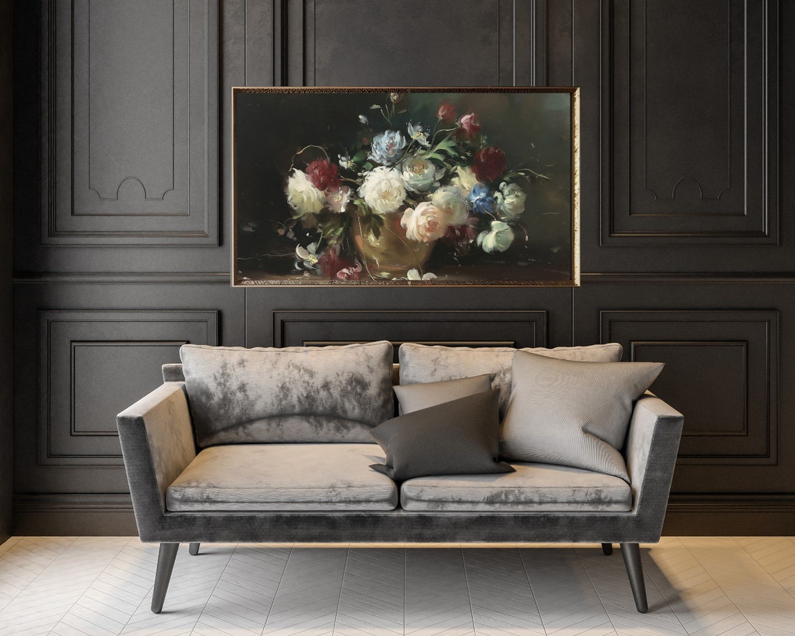 Moody Peonies and Roses Dark Floral Vintage Still Life Art Poster - Image 3