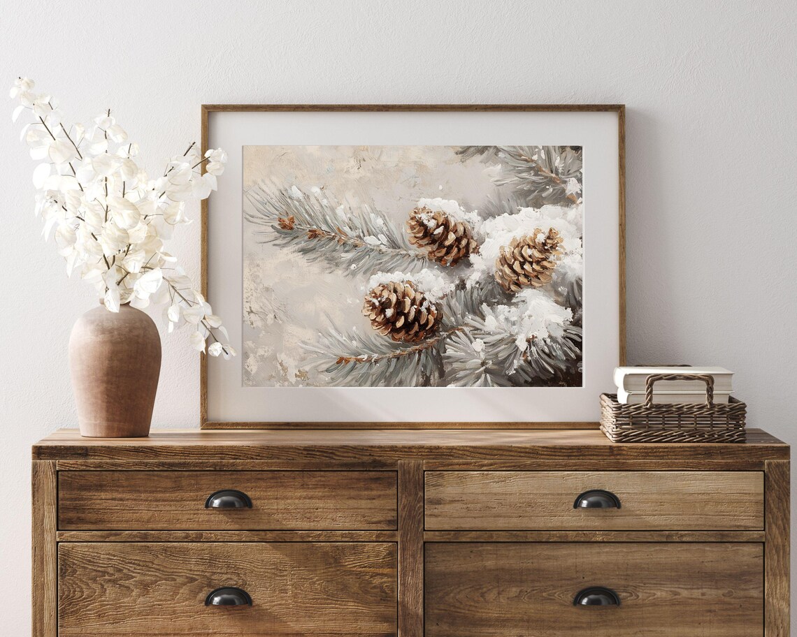 Pinecones on Snowy Pine Branches Neutral Winter Botanical Vintage Poster - Image 3