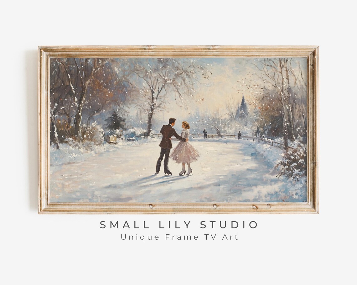 Couple Ice Skating Winter, Vintage Holiday Art Print