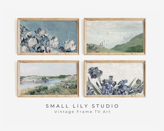 Spring Blue Florals Vintage Landscape Painting Set Of Four Gallery Wall Poster