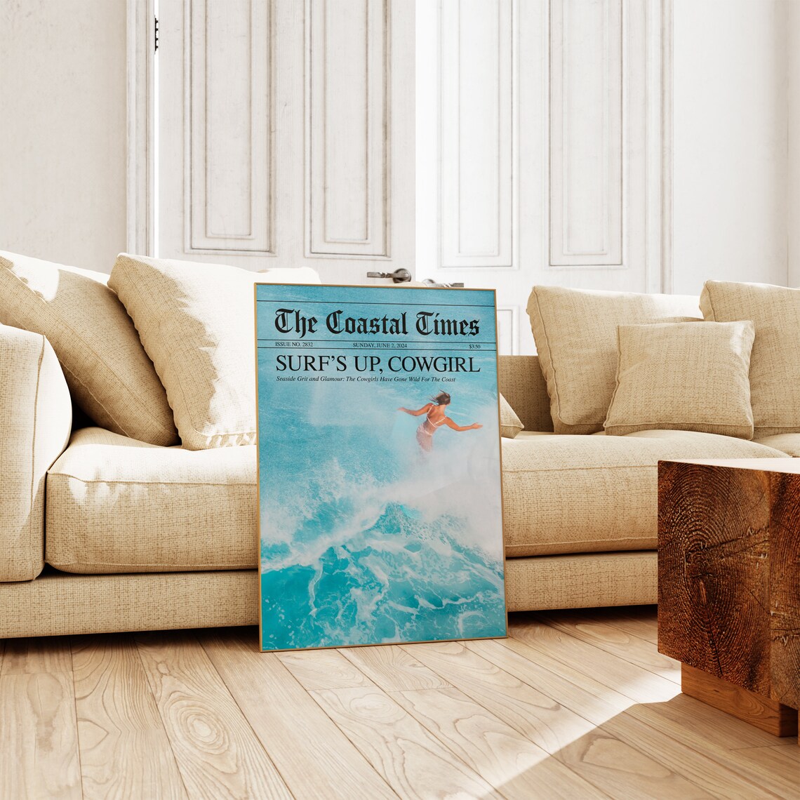 The Coastal Times Surfs Up Cowgirl Newspaper Surf Beach Poster - Image 3