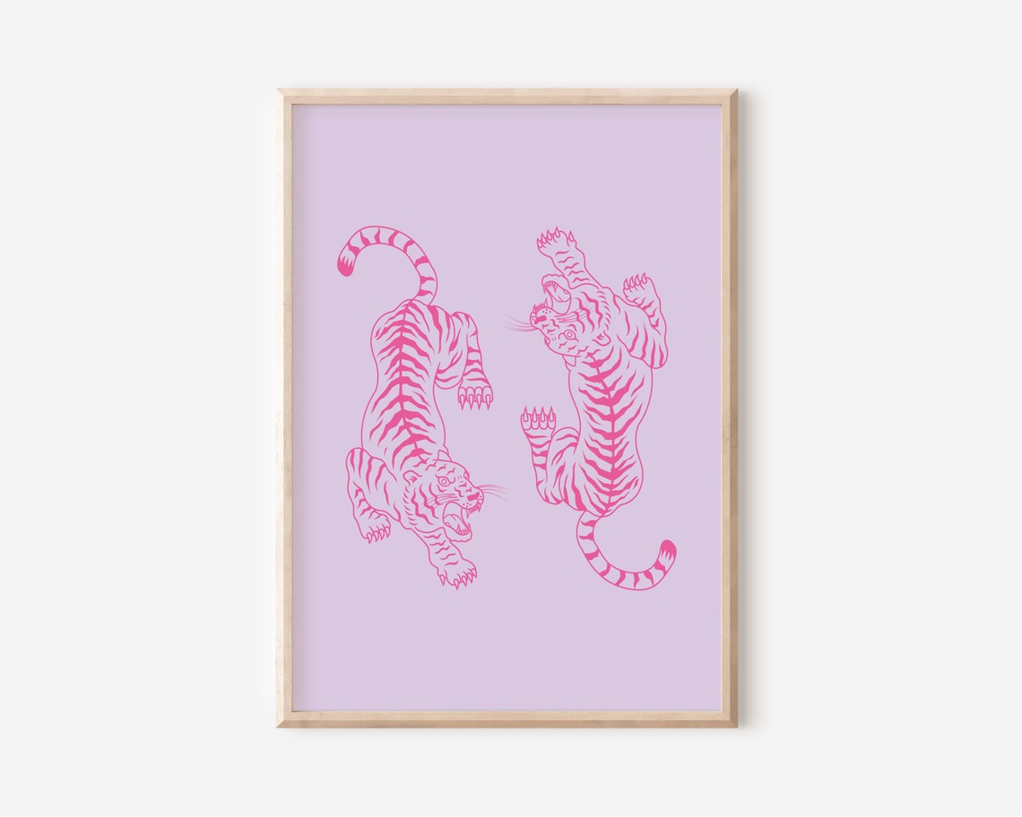 Pink Tigers Lilac Maximalist Preppy Animal Illustration Poster