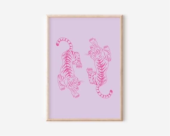 Pink Tigers Lilac Maximalist Preppy Animal Illustration Poster