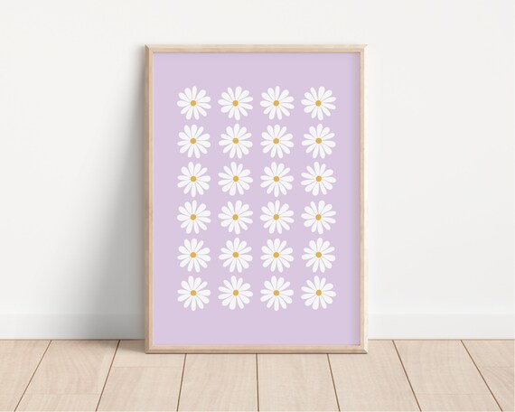 White Daisy Flower Grid Lavender Purple Nursery Boho Decor Poster