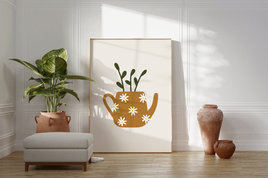 Retro Mustard Teapot With Daisies Botanical Kitchen Decor Poster - Image 2
