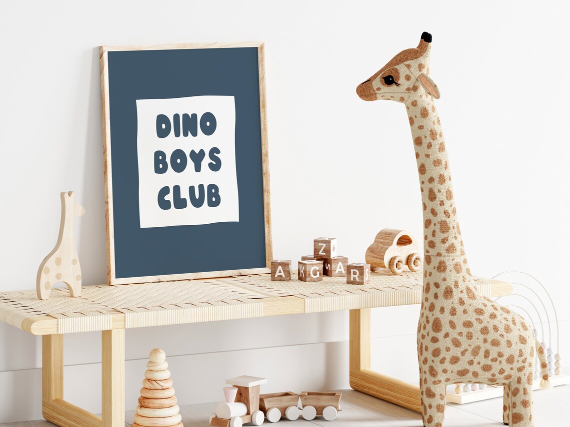 Dino Boys Club Navy Blue Nursery Playroom Kids Room Decor Poster