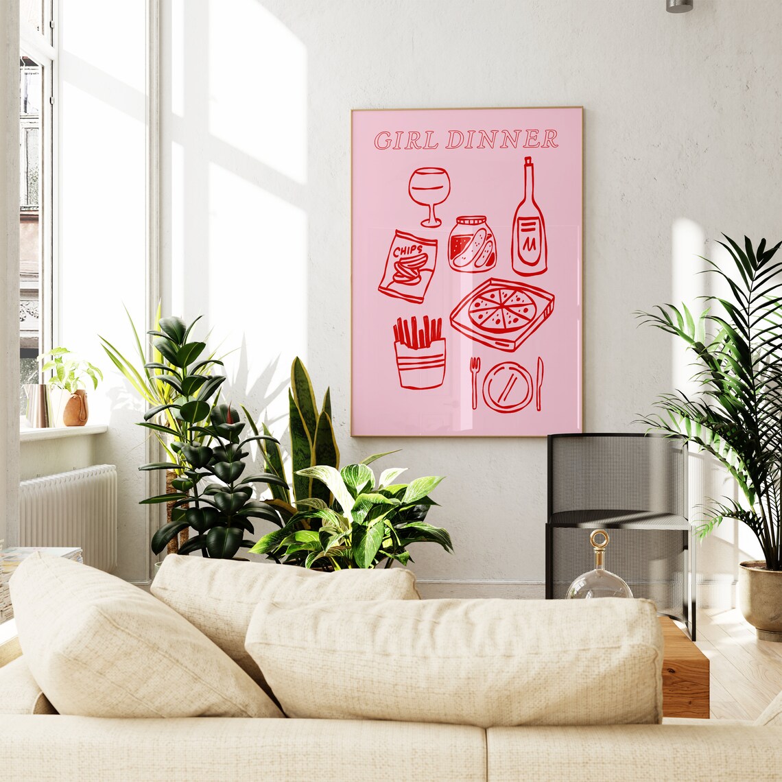 Pink Girl Dinner Snacks Retro Line Art Trendy Kitchen Print Fun - Image 3