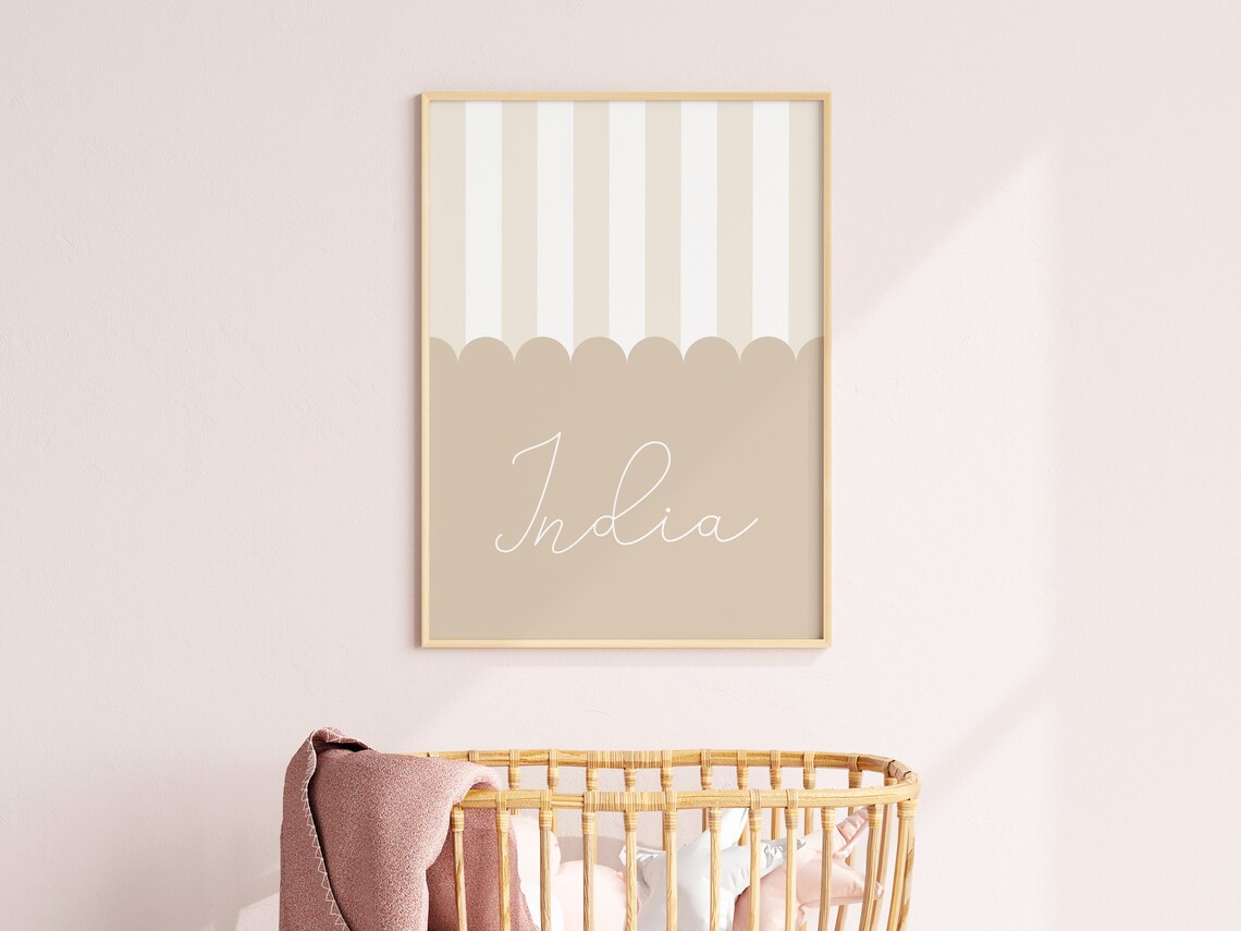 Personalized Name Design Beige Scallop Stripe Custom Baby Nursery Poster