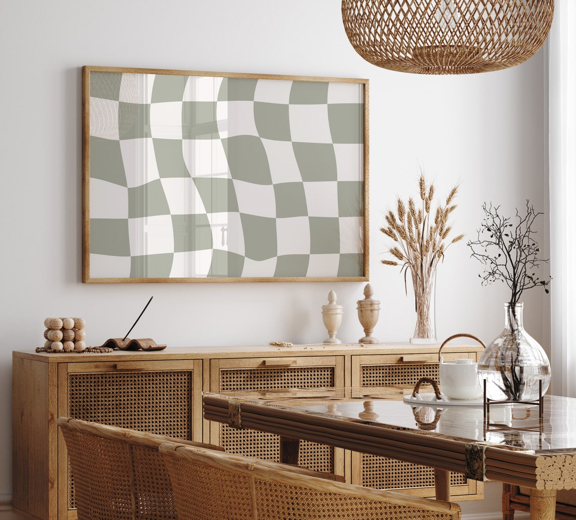 Sage Green Wavy Checkerboard Trendy Retro Checker Pattern Poster - Image 6