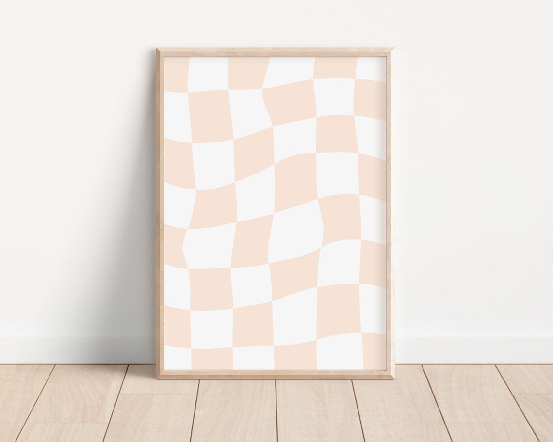 Peach Wavy Checkerboard Trendy Pastel Checkered Dorm Room Poster