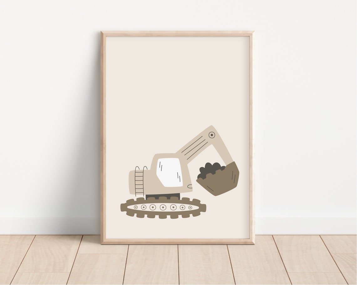 Beige Excavator Digger Neutral Nursery Construction Truck Poster - Image 2