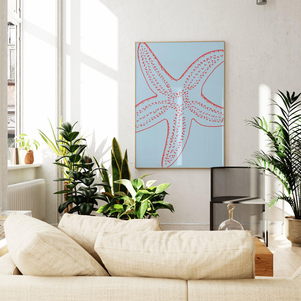 Red Starfish Blue Coastal Line Drawing Modern Beach Decor Poster - Image 2
