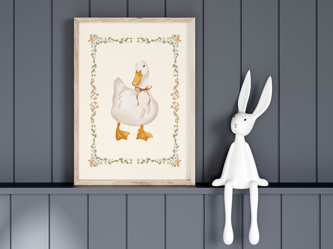 Watercolor Duck With Bow Floral Frame Nursery Print For Girls - Image 4