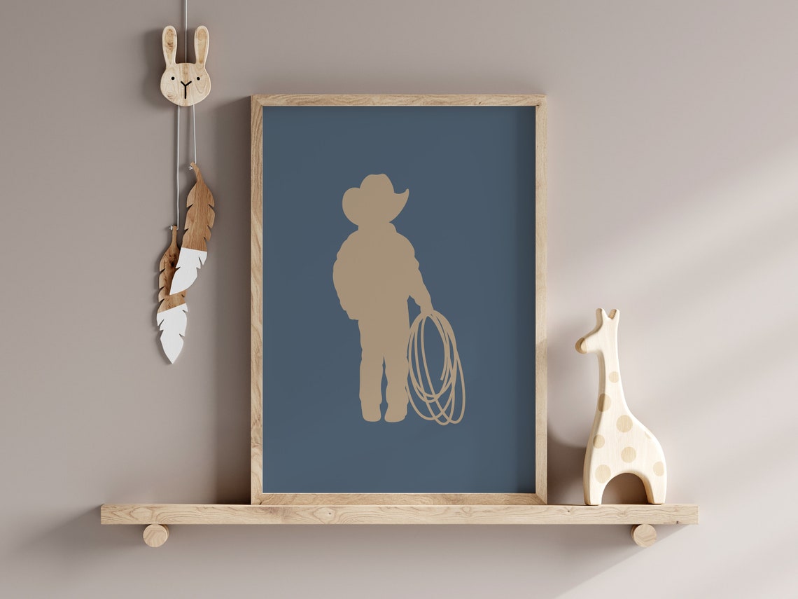 Cowboy Kid Silhouette Lasso Navy Nursery Western Boys Room Poster - Image 3