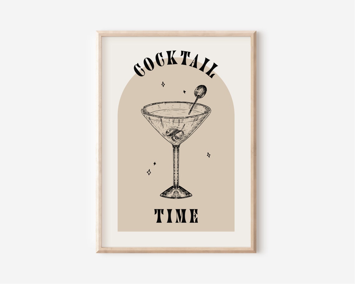Cocktail Time Martini Arch Vintage Beige Bar Cart Decor Poster
