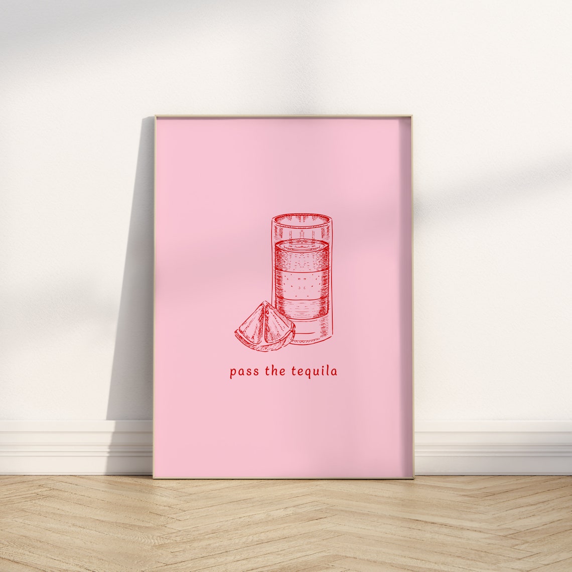 Pass The Tequila Shot Glass Red Line Art Pink Bar Party Decor Poster - Image 4