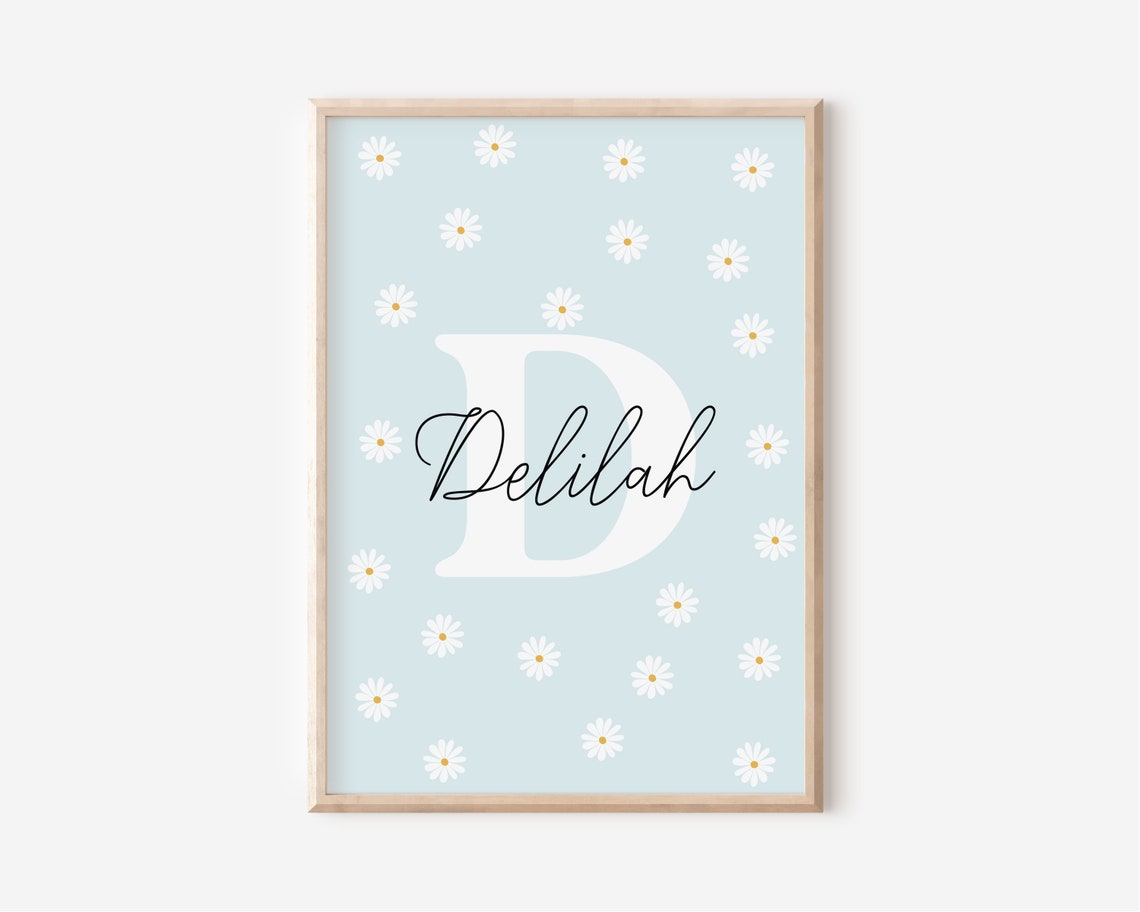 Personalized Name Daisy Blue Floral Nursery Custom Initial Art Poster - Image 3