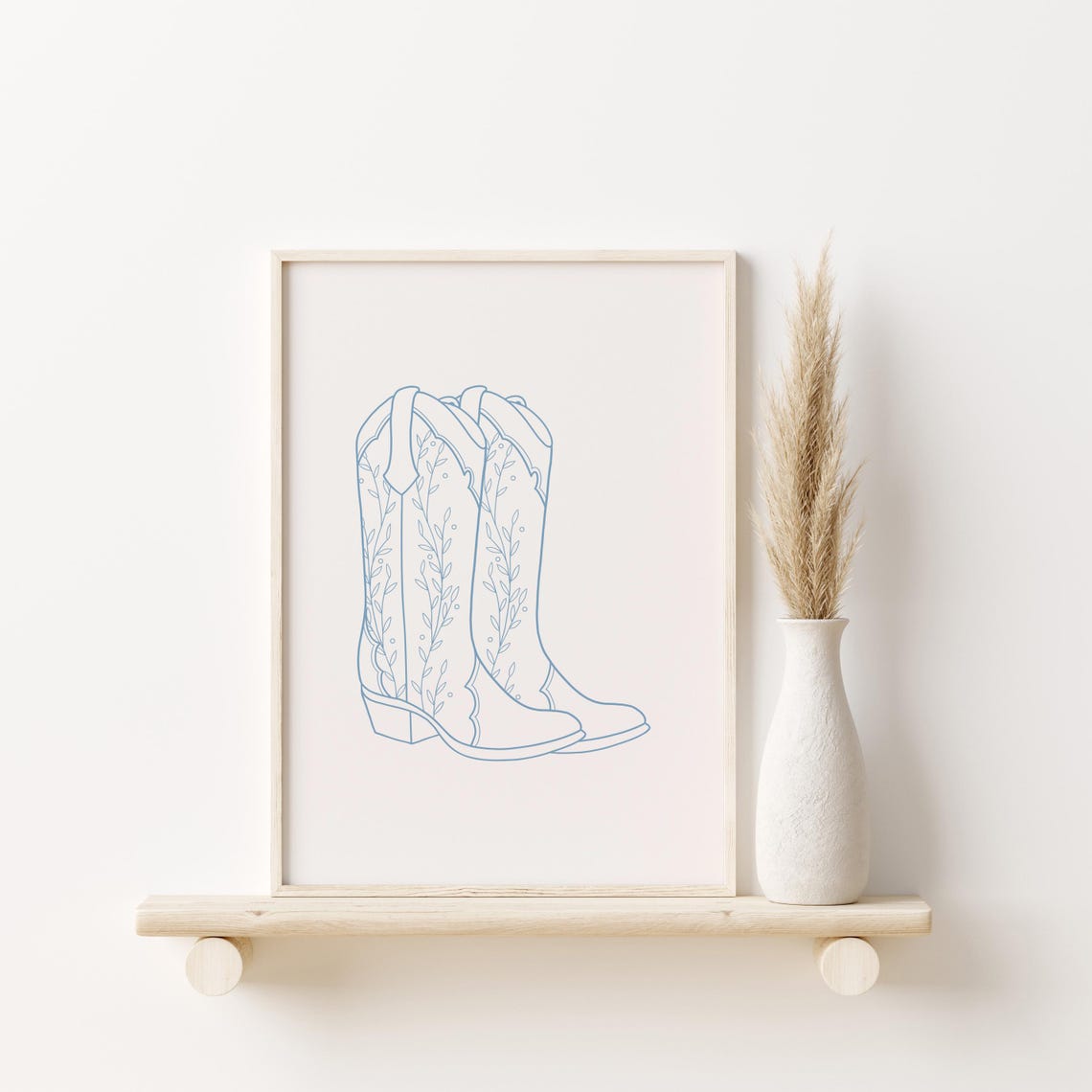Cowboy Boots Botanical Line Drawing Blue Minimalist Western Print - Image 3