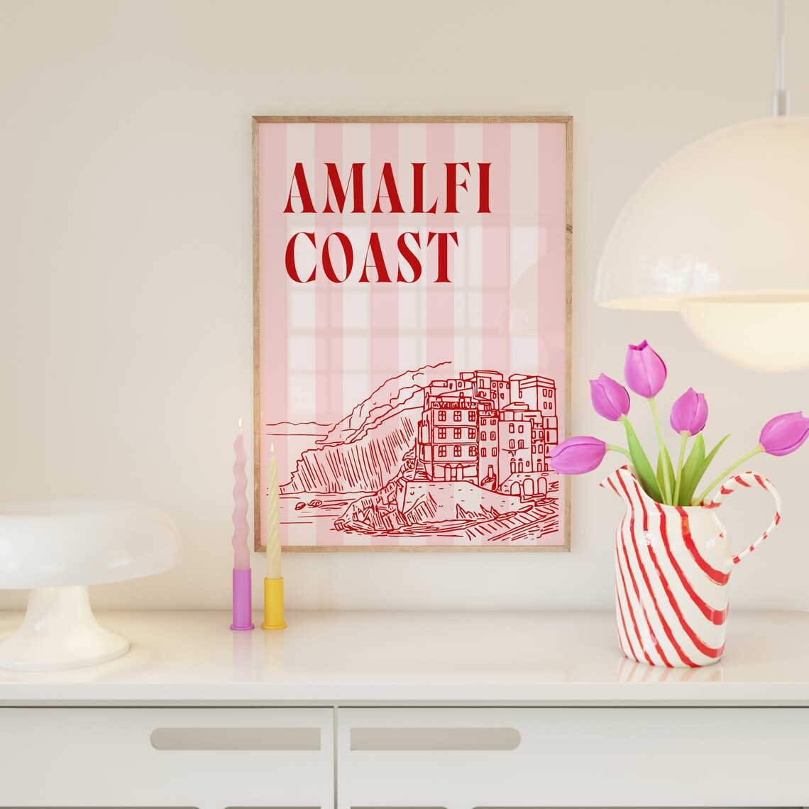 Amalfi Coast Red Striped Travel Sketch Italy Coastal Town Poster - Image 3